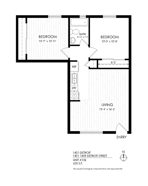 Floor plan for 2 beds, 1 bath, 600 sqft